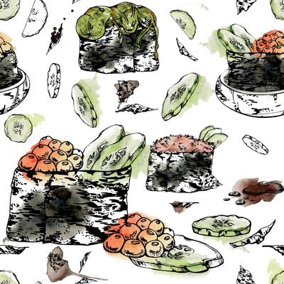 Traditional Japanese food, gunkan sushi with raw fish salmon tuna crab, nori wrap, caviar cucumber chuka hand drawn in watercolor, ink. Seamless pattern for kitchen, restaurant cafe menu, recipe book