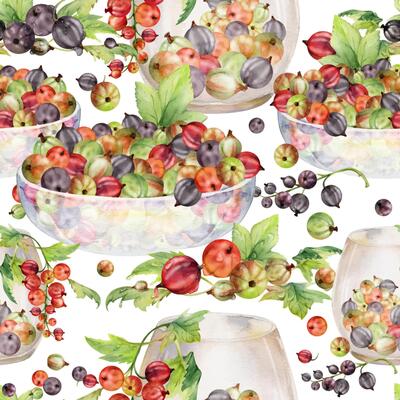 Currant gooseberry with leaves in glass bowls, hand drawn in watercolor, scattered ripe picked berry harvest juneberry casseille jostaberry. Isolated seamless pattern. Scrapbooking, washi tape, cover
