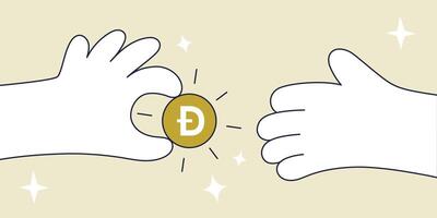 Illustration of a Doge DOGE Transaction Hands Exchanging a Brown Cryptocurrency Token, Symbolizing Digital Payments and Blockchain Technology. vector