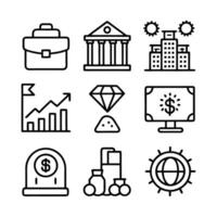 set of black and white, simple icons depicting various financial and business concepts, including financial growth, banking, and various related objects like a calculator, TV remote, and a trophy. vector
