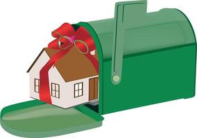 A green mailbox with a house inside and a red ribbon vector