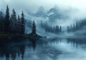 a lake surrounded by trees and mountains photo