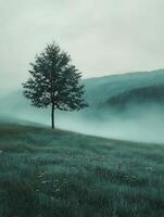 a lone tree stands in a field on a foggy day photo