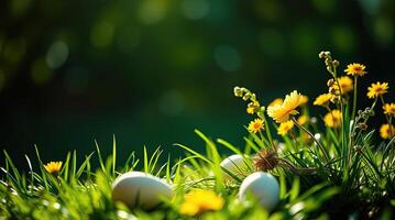 Multicolored Easter eggs resting on a bed of green grass. photo