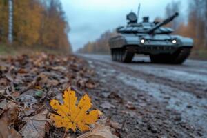 tank on dirt road in autumn forest, blurred background photo