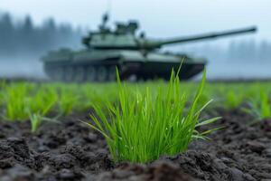 green spring grass seedlings growing in soil with military tank in background photo