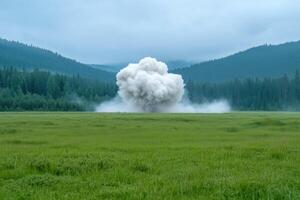 large explosion in the middle of a meadow in the mountains. photo