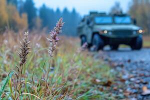 Military vehicle on the road in the autumn forest with grass on a foreground photo