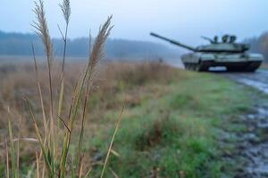 Military tank on the background of the field and grass in the foreground photo