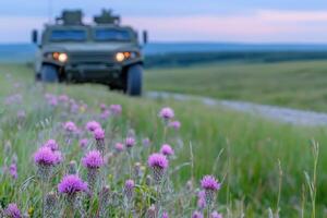Military protected vehicle on the background of a green steppe with flowers. photo