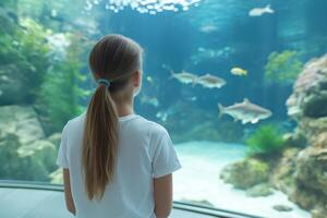 Back view of a girl looking at a fish in big marine aquarium. photo