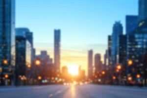 Blurred background of contemporary downtown at sunset, bokeh effect photo
