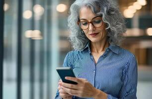 Woman in elegant blue striped blouse engages with mobile app at work during midday photo
