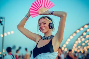 Dancing joyfully under the blue sky at a vibrant Dubai music festival photo