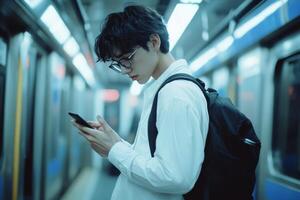 Young man immersed in digital world while commuting on the subway during busy city hours photo