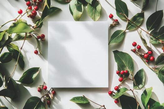 blanco cuadrado tarjeta rodeado por lozano verde hojas y vibrante rojo bayas en un ligero minimalista antecedentes foto