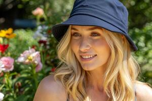 Blonde woman with a navy blue bucket hat smiles warmly in a sunlit garden surrounded by vibrant flowers and lush greenery photo