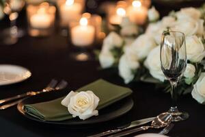 Elegant black wedding table adorned with white roses and flickering candles creates an enchanting evening atmosphere for guests photo
