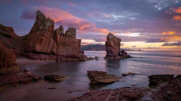 Enchanting coastal sunset revealing rugged rock formations against vibrant skies photo