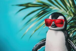 close-up adorable penguin bird in red sunglasses and palm leaves on blue background with copy space photo