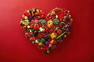 top view vegetables pepper tomato zucchini onion greens laid out in the shape of a heart on a red background photo