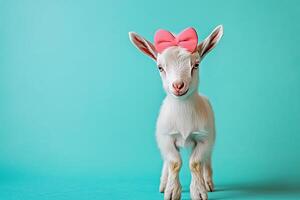 baby goat wearing a pink bow on its head standing on a soft teal background with copy space photo