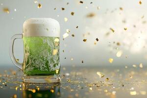 frothy green beer mug surrounded by scattered golden confetti on light grey background with copy space photo