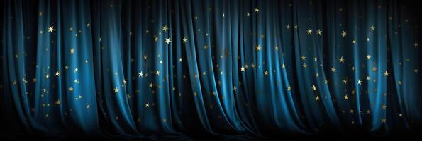 empty dramatic scene banner background, blue closed curtain with small golden shiny stars on stage of theater or cinema slightly ajar photo