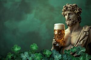 roman antique statue of man with glass of cold refreshing beer with shamrock leaves on green background with copy space photo