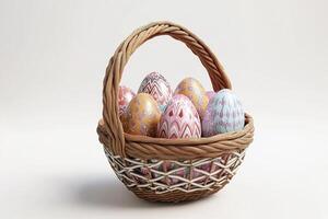 close-up wicker basket with pastel colors decorated Easter eggs with different patterns isolated on white background photo