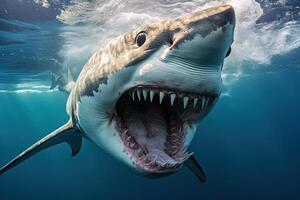 a large and dangerous shark with sharp teeth is preparing to bite prey underwater photo