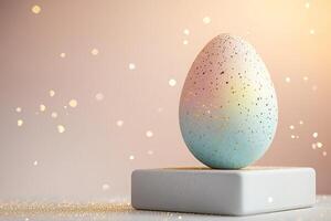 close-up pastel colors easter egg with golden particles on white stand with blurred bokeh background photo