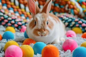 A rabbit is sitting on a bed with a bunch of colorful balls photo