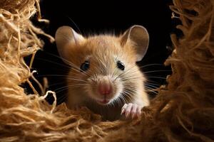 close-up of a mouse's face peeking through a hole in the fabric photo