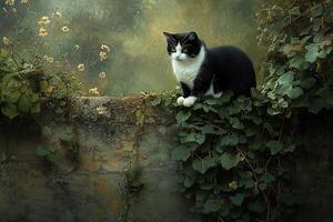 photo of a black and white tuxedo cat perched on a weathered stone fence, surrounded by overgrown ivy and wildflowers, with moody natural light