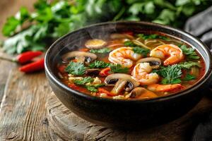close-up of a bowl of delicious tom yum soup on a wooden table surrounded by green herbs and pepper photo