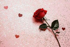 top view red rose flower surrounded by small heart-shaped confetti on a pastel pink background with copy space photo