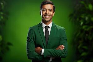A man in a green business suit and tie is smiling and posing for a photo