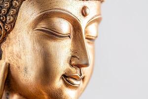 Photo of a golden Buddha statue in close-up, with a plain white background and soft natural lighting emphasizing the serene expression and smooth texture
