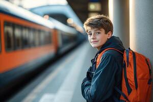 Portrait of smiling teenage boy in jacket and orange backpack standing on railway platform with train on blurred background photo