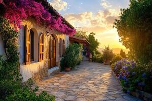 villa in Mediterranean style, windows with wooden shutters, surrounded by flowering bougainvillea and a stone pathway, warm sunset lighting photo