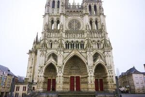 Front view of Amiens Cathedral with ornate Gothic facade photo