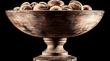 A rustic wooden bowl overflowing with walnuts, a timeless harvest bounty, captured in dramatic low light against a stark black backdrop. photo