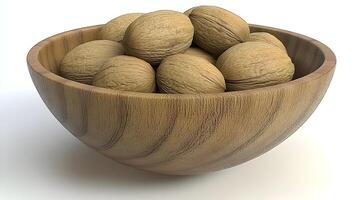 A rustic wooden bowl overflowing with earthy walnuts, a simple autumnal still life, showcasing natural light and warm tones. photo