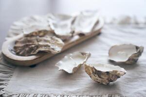 Close-up of candles. A master class of shell candles. Fabric-based seashells with wax. With space to copy photo