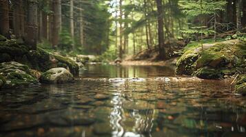 A spring of water in a forest with fir trees, nature landscape in summer photo