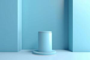 Light blue podium or pedestal for product. Light blue wall and floor. Cylinder shape. photo