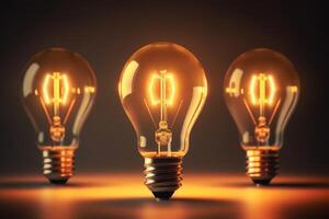 Set or collection of three light bulbs on the table. Turn on the lights. photo
