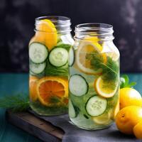 Two jars of water with cucumber, orange slices and dill. photo
