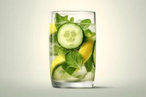 Fresh cool detox water drink with cucumber and lemon. glass of Lemonade with basil and mint leaves. Concept of proper nutrition and healthy eating. photo
